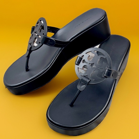 new Tory Burch *Perfect Black* Miller Leather Wedge 25mm Sandals Size 8